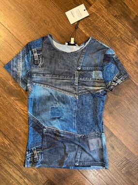 Miaou Short-Sleeve Denim Patchwork Print Tee - Blue